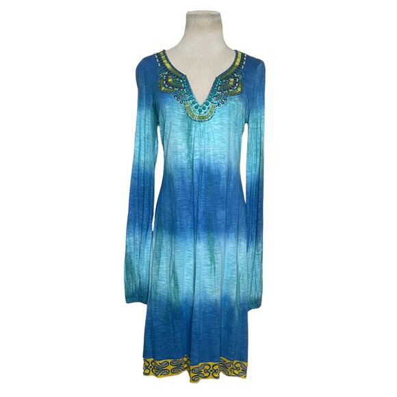 Hale Bob  Blue Yellow Tie Dye Long Sleeve Beaded Jersey Dress Size Small - Picture 13 of 13